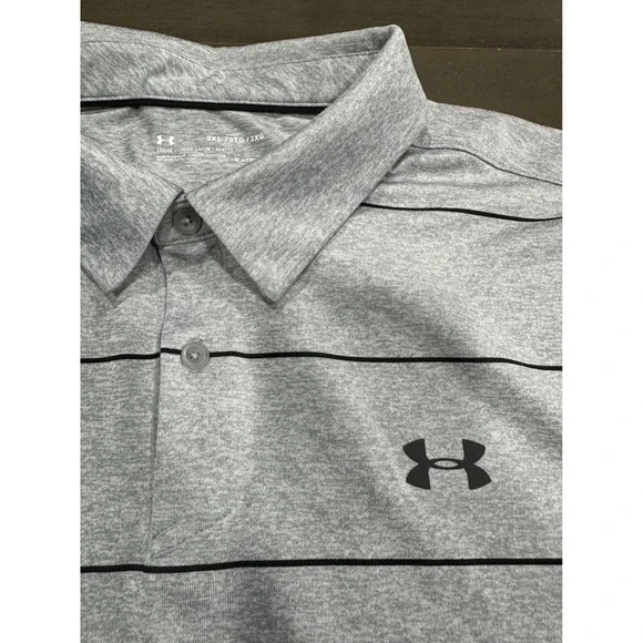 Under Armour Mens 2XL Gray Striped HeatGear Performance Golf Polo Shirt Loose - Picture 2 of 6